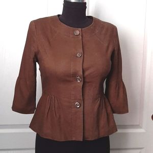 VGUC Linen short jacket. Dk bn, fully lined, feminine ruffle detailing, size 6